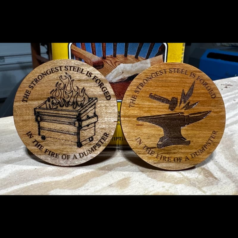 Laser-engraved oak challenge coins for team recognition